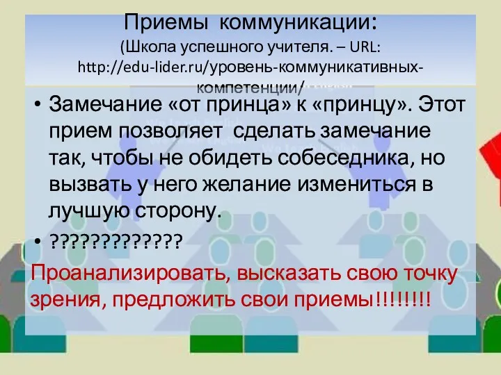 Приемы коммуникации: (Школа успешного учителя. – URL: http://edu-lider.ru/уровень-коммуникативных-компетенции/ Замечание «от