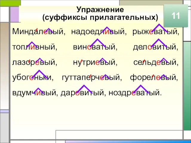 Упражнение (суффиксы прилагательных) Миндалевый, надоедливый, рыжеватый, топливный, виноватый, деловитый, лазоревый,