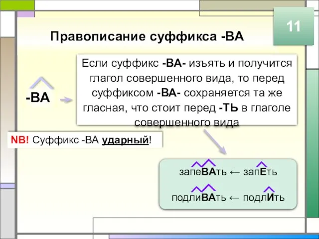 Правописание суффикса -ВА 11 -ВА Если суффикс -ВА- изъять и