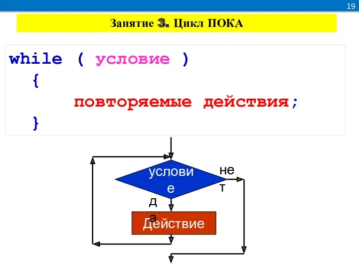 19 пока ( условие ) { повторяемые действия; } while