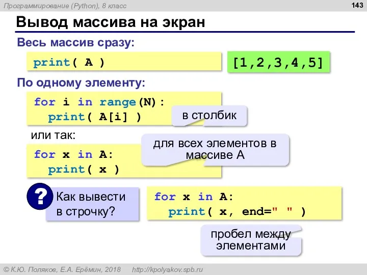 Вывод массива на экран for i in range(N): print( A[i]