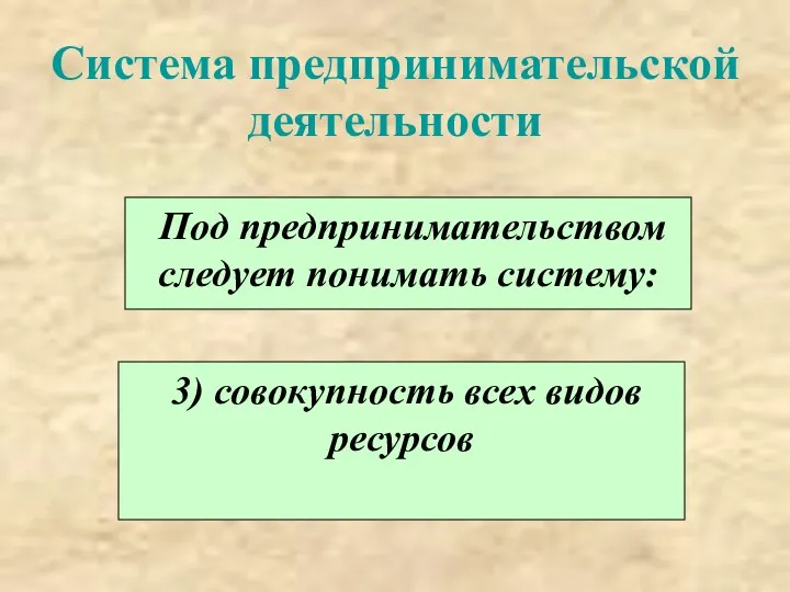 Система предпринимательской деятельности Под предпринимательством следует понимать систему: 3) совокупность всех видов ресурсов