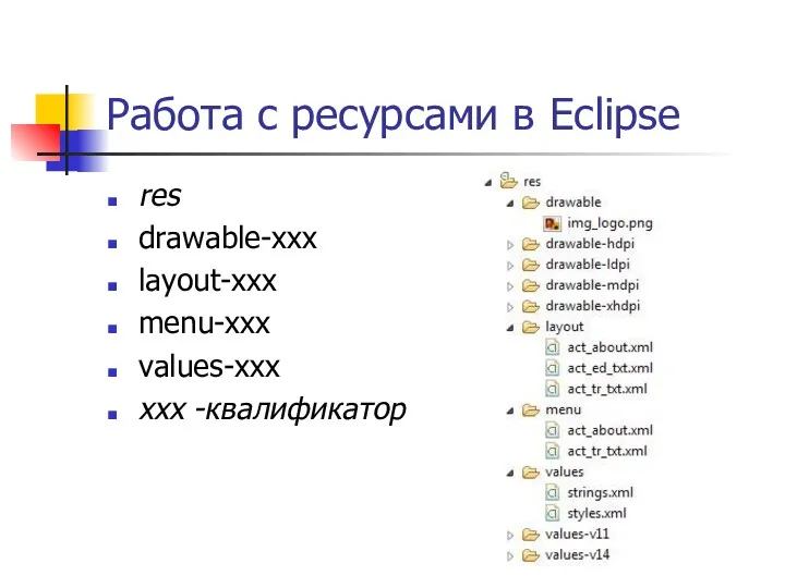 Работа с ресурсами в Eclipse res drawable-xxx layout-xxx menu-xxx values-xxx xxx -квалификатор