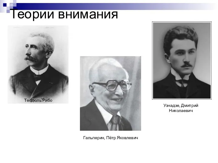 Теории внимания Теодюль Рибо Узнадзе, Дмитрий Николаевич Гальперин, Пётр Яковлевич