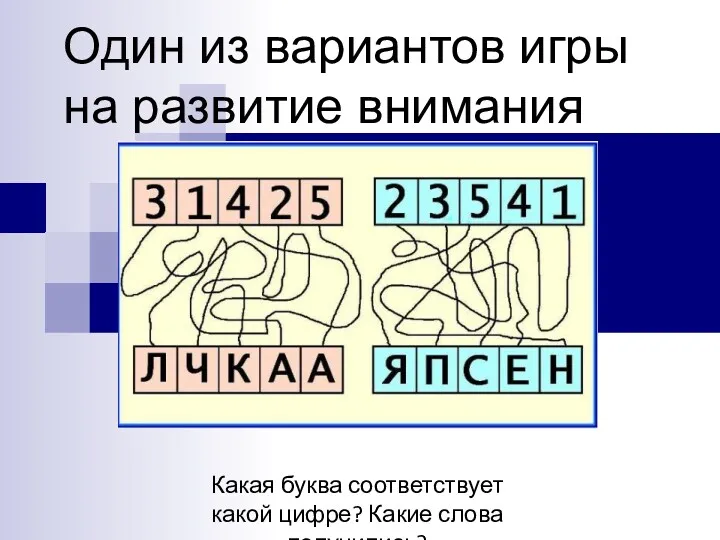 Один из вариантов игры на развитие внимания Какая буква соответствует какой цифре? Какие слова получились?