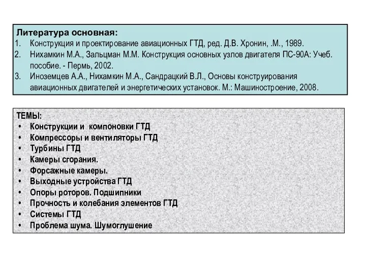 Литература основная: Конструкция и проектирование авиационных ГТД, ред. Д.В. Хронин,