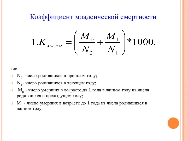 Коэффициент младенческой смертности где N0- число родившихся в прошлом году;