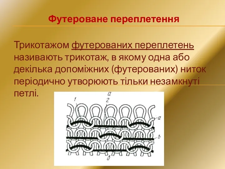 Футероване переплетення Трикотажом футерованих переплетень називають трикотаж, в якому одна