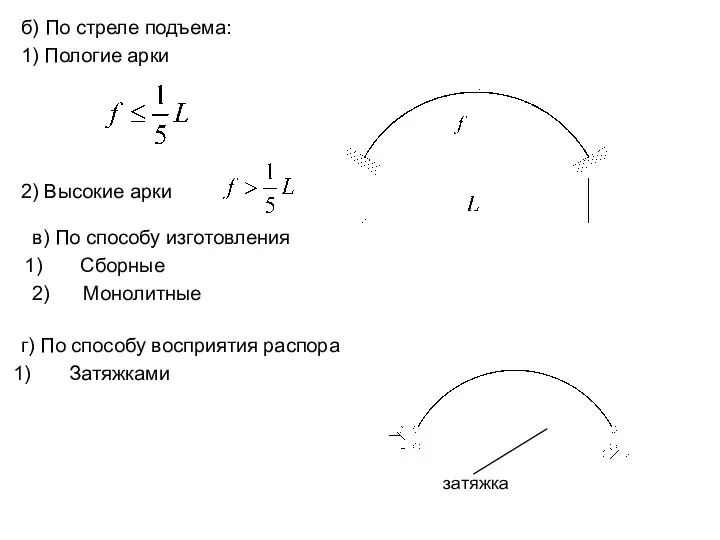 б) По стреле подъема: 1) Пологие арки 2) Высокие арки