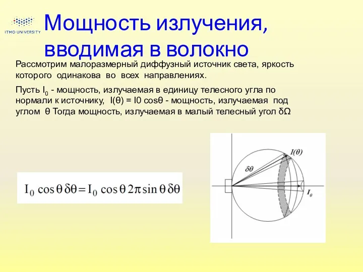 Мощность излучения, вводимая в волокно Рассмотрим малоразмерный диффузный источник света,