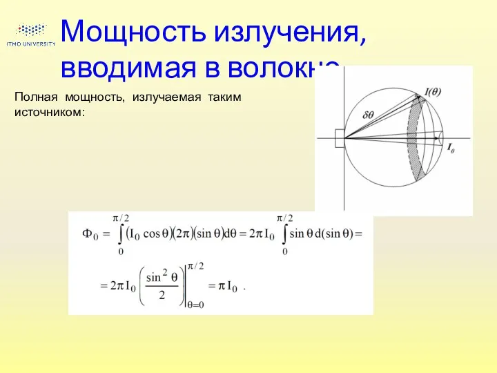 Мощность излучения, вводимая в волокно Полная мощность, излучаемая таким источником: