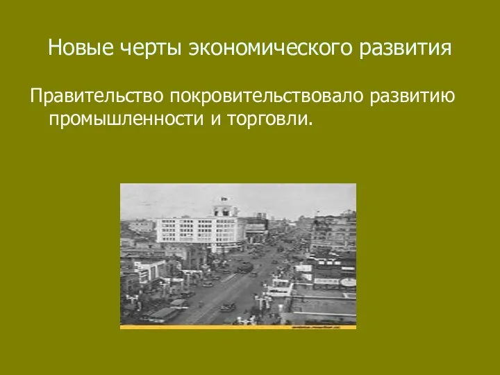 Новые черты экономического развития Правительство покровительствовало развитию промышленности и торговли.