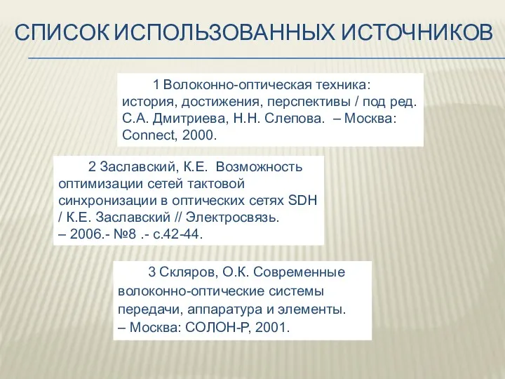 СПИСОК ИСПОЛЬЗОВАННЫХ ИСТОЧНИКОВ 1 Волоконно-оптическая техника: история, достижения, перспективы /