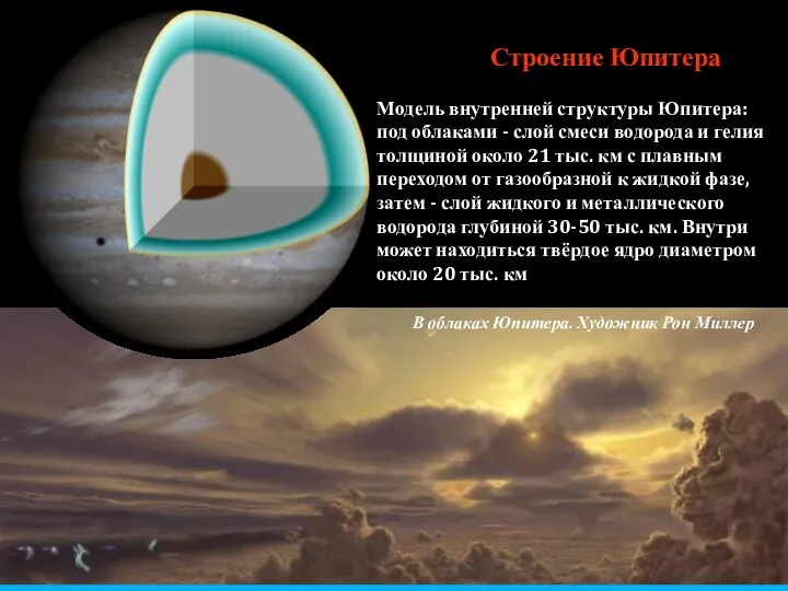 Строение Юпитера zelobservatory.ru Модель внутренней структуры Юпитера: под облаками - слой смеси водорода