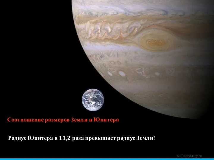 Соотношение размеров Земли и Юпитера Радиус Юпитера в 11,2 раза превышает радиус Земли! zelobservatory.ru