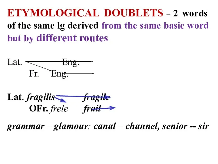 ETYMOLOGICAL DOUBLETS – 2 words of the same lg derived