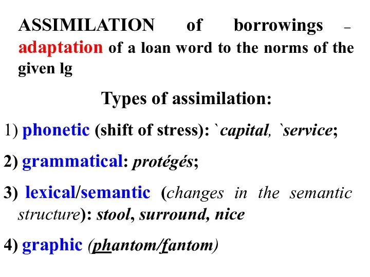 ASSIMILATION of borrowings – adaptation of a loan word to