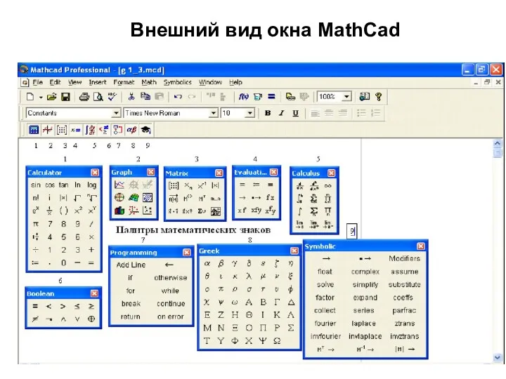 Внешний вид окна MathCad