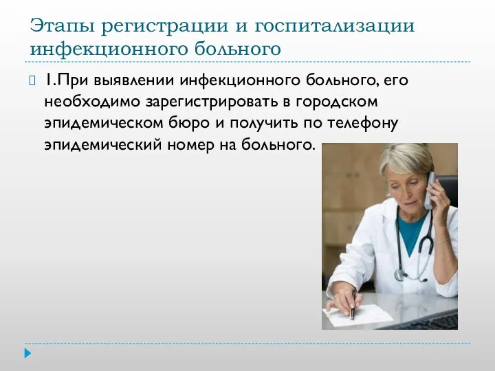 Этапы регистрации и госпитализации инфекционного больного 1.При выявлении инфекционного больного,