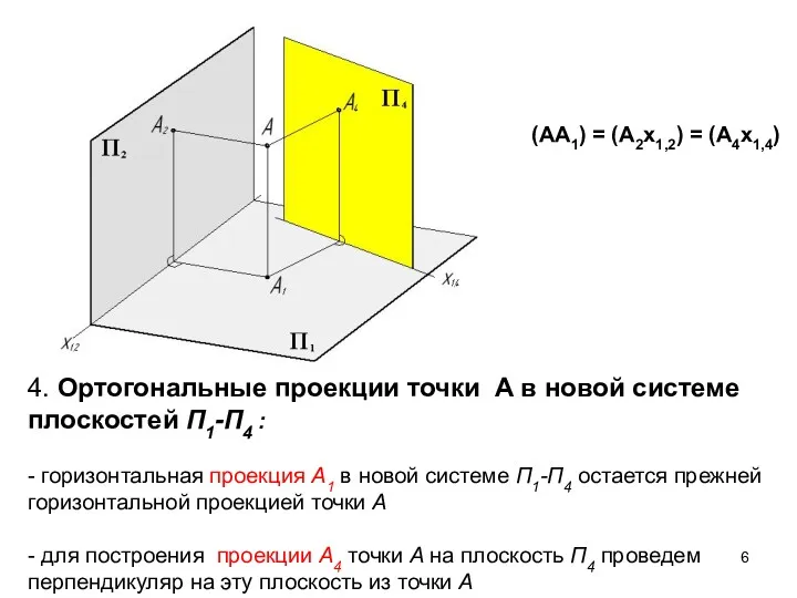 4. Ортогональные проекции точки A в новой системе плоскостей П1-П4