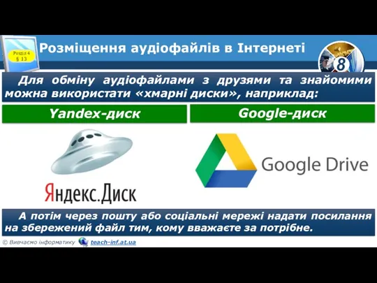 Розміщення аудіофайлів в Інтернеті Розділ 4 § 13 Для обміну аудіофайлами з друзями