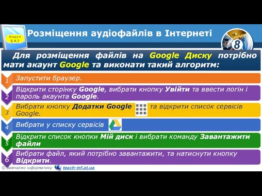 Розміщення аудіофайлів в Інтернеті Для розміщення файлів на Google Диску потрібно мати акаунт