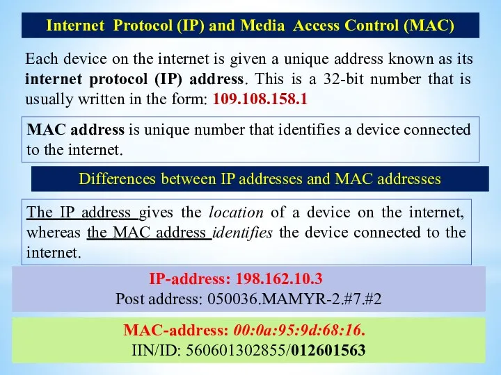 Internet Protocol (IP) and Media Access Control (MAC) Each device