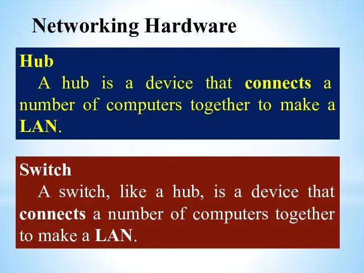 Hub A hub is a device that connects a number