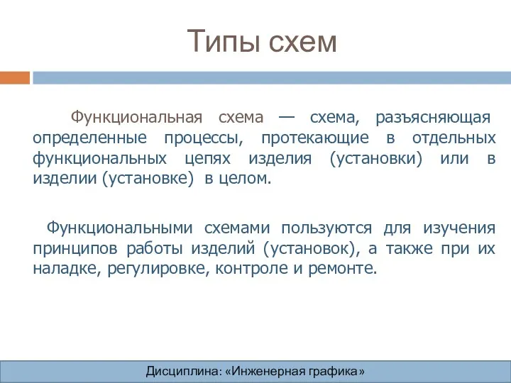 Типы схем Функциональная схема — схема, разъясняющая определенные процессы, протекающие