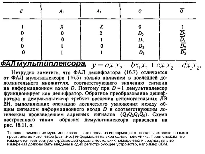 ФАЛ мультиплексора: Типовое применение мультиплексора — это передача информации от нескольких разнесенных в