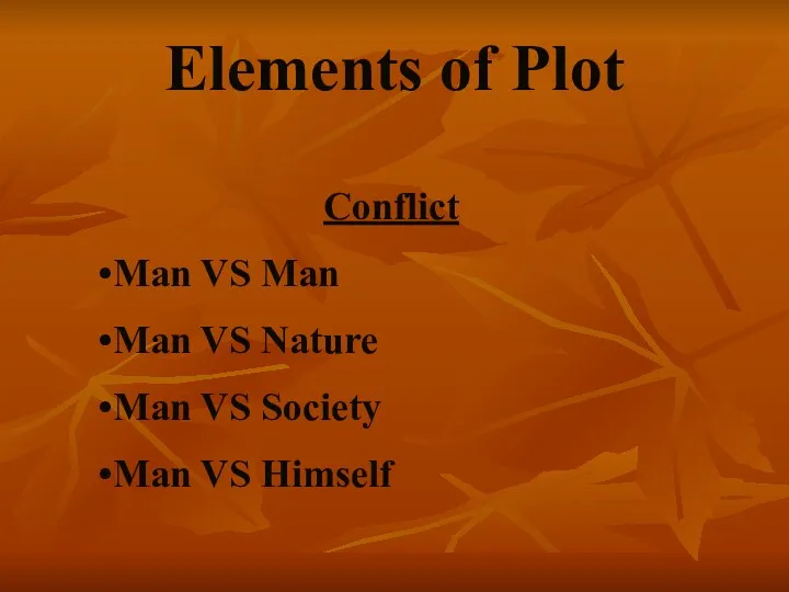 Elements of Plot Conflict Man VS Man Man VS Nature Man VS Society Man VS Himself