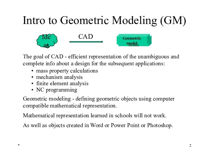 * Intro to Geometric Modeling (GM) The goal of CAD