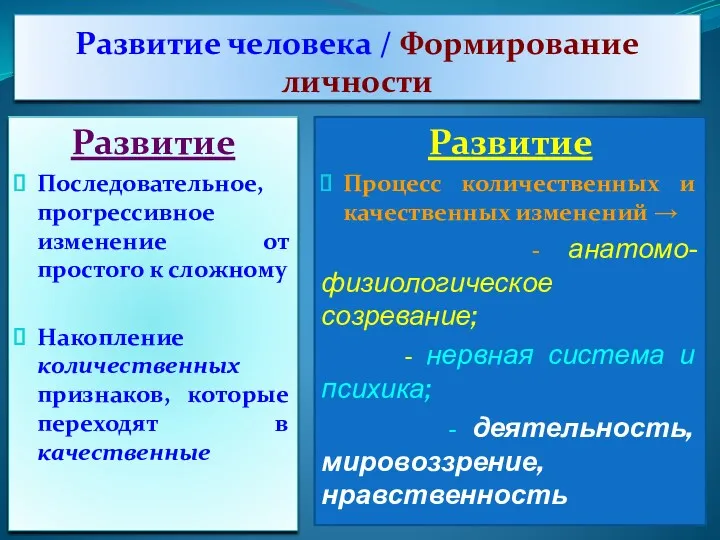 Развитие человека / Формирование личности Развитие Последовательное, прогрессивное изменение от