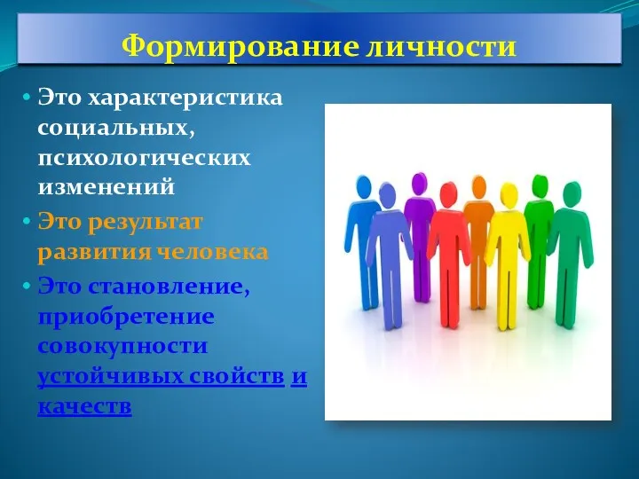 Формирование личности Это характеристика социальных, психологических изменений Это результат развития