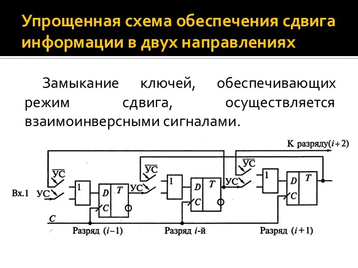 Упрощенная схема обеспечения сдвига информации в двух направлениях Замыкание ключей, обеспечивающих режим сдвига, осуществляется взаимоинверсными сигналами.