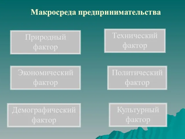 Макросреда предпринимательства Природный фактор Технический фактор Политический фактор Экономический фактор Культурный фактор Демографический фактор