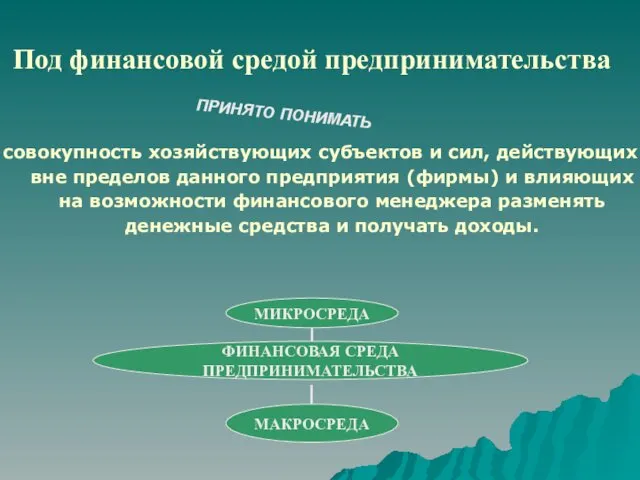 Под финансовой средой предпринимательства совокупность хозяйствующих субъектов и сил, действующих