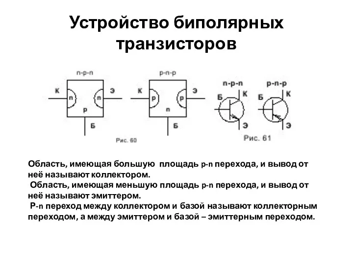 Устройство биполярных транзисторов Область, имеющая большую площадь p-n перехода, и вывод от неё