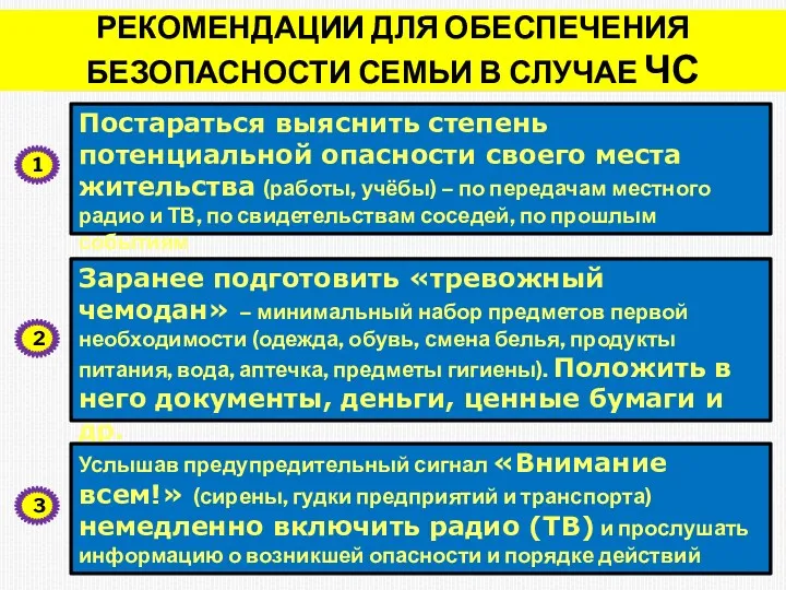 РЕКОМЕНДАЦИИ ДЛЯ ОБЕСПЕЧЕНИЯ БЕЗОПАСНОСТИ СЕМЬИ В СЛУЧАЕ ЧС Постараться выяснить