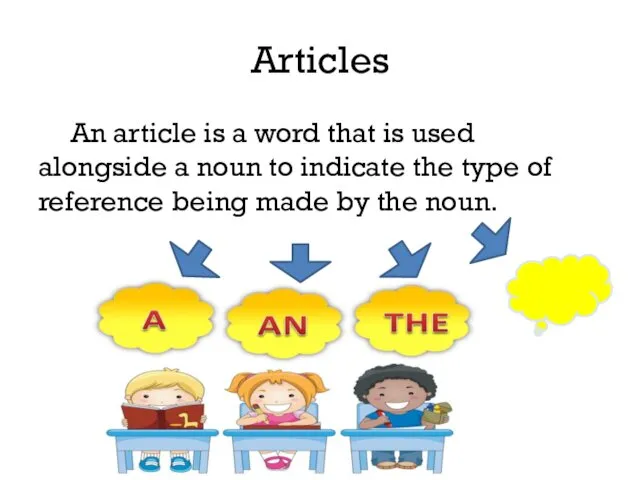Articles An article is a word that is used alongside