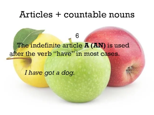 Articles + countable nouns 6 The indefinite article A (AN)