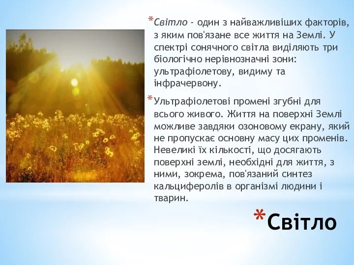 Світло Світло - один з найважливіших факторів, з яким пов'язане