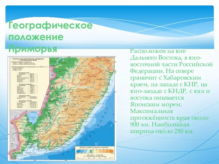 Географическое положение Приморья Расположен на юге Дальнего Востока, в юго-восточной