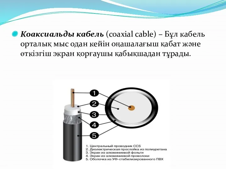 Коаксиальды кабель (coaxial cable) – Бұл кабель орталық мыс одан кейін оңашалағыш қабат
