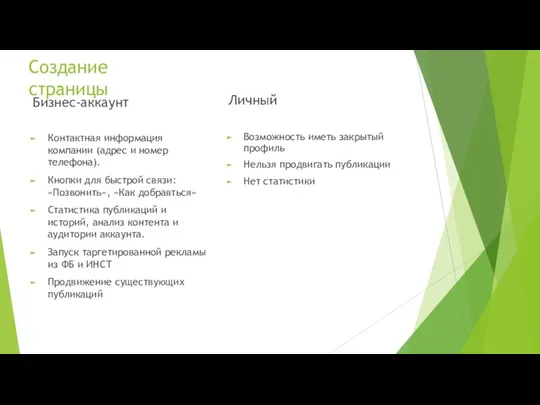 Создание страницы Личный Возможность иметь закрытый профиль Нельзя продвигать публикации