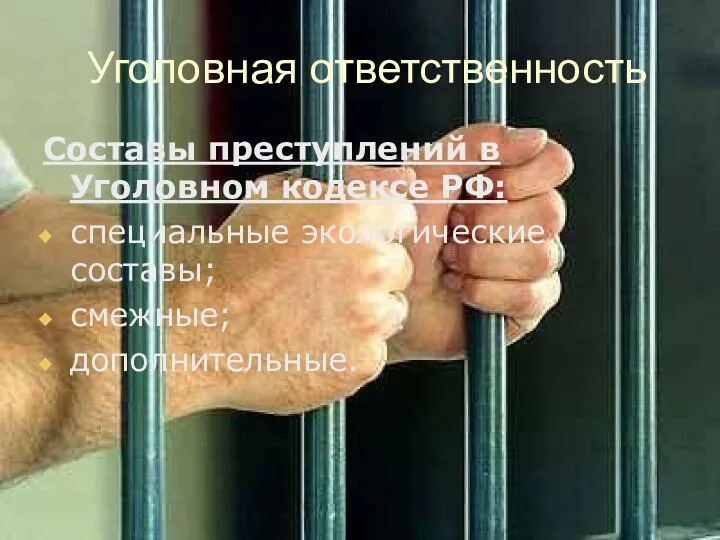 Уголовная ответственность Составы преступлений в Уголовном кодексе РФ: специальные экологические составы; смежные; дополнительные.