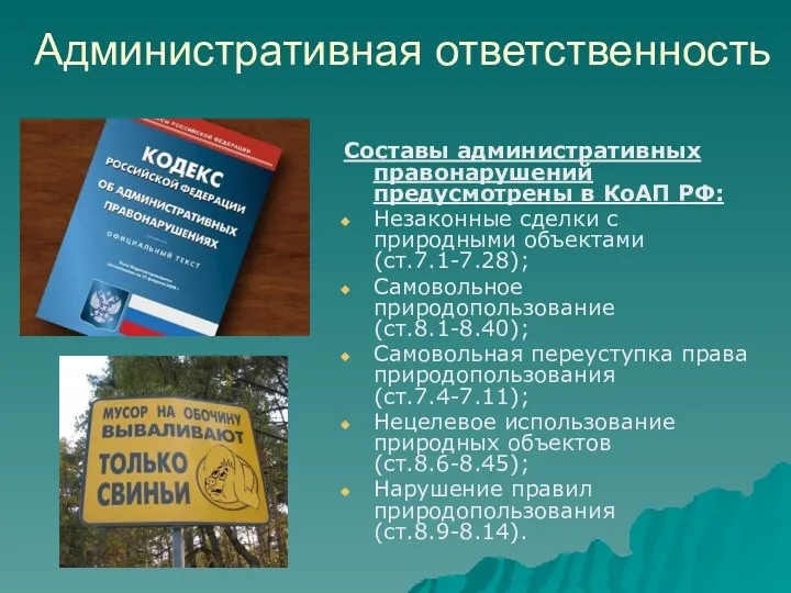 Административная ответственность Составы административных правонарушений предусмотрены в КоАП РФ: Незаконные