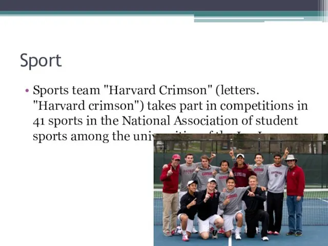 Sport Sports team "Harvard Crimson" (letters. "Harvard crimson") takes part