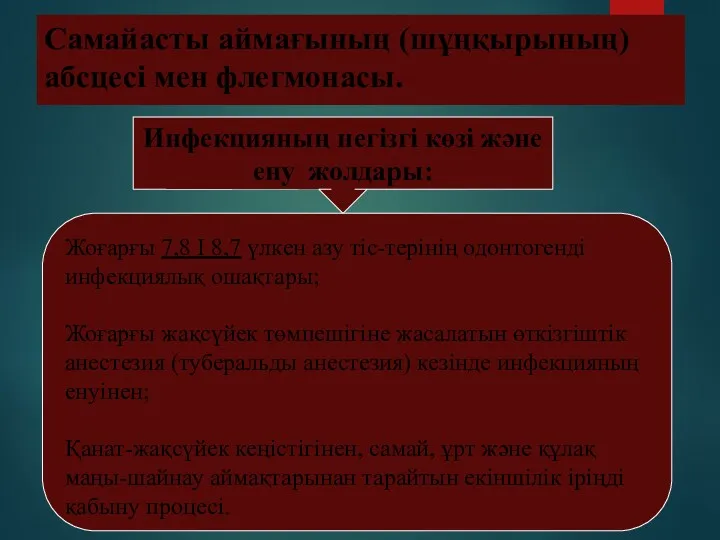 Самайасты аймағының (шұңқырының) абсцесі мен флегмонасы. Инфекцияның негізгі көзі және