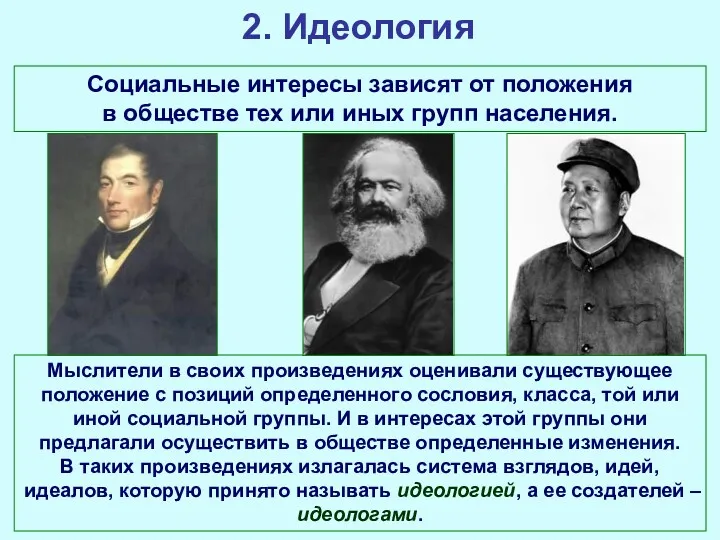 2. Идеология Социальные интересы зависят от положения в обществе тех